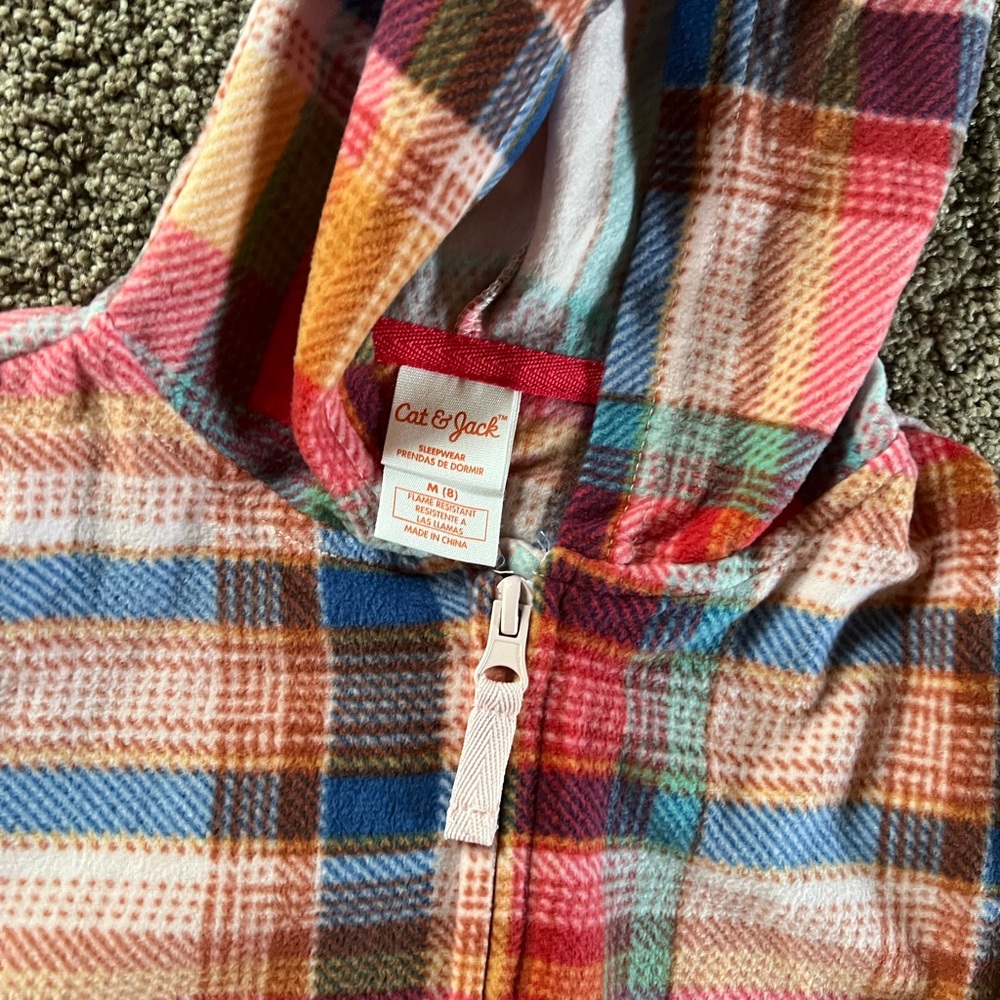 Cat & Jack Multicolor Plaid fleece Hooded one piece - Picture 2 of 3